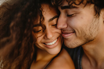 Close-up of romantic young boyfriend kissing smiling beautiful girlfriend - obrazy, fototapety, plakaty