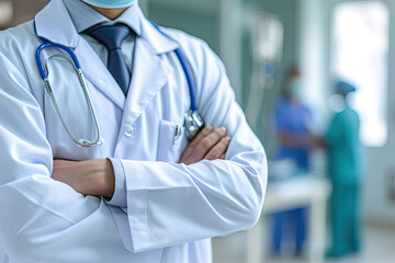 closeup Professional Doctor with Stethoscope in White Uniform Standing in Hospital. Doctors with Medical Equipment at Background.