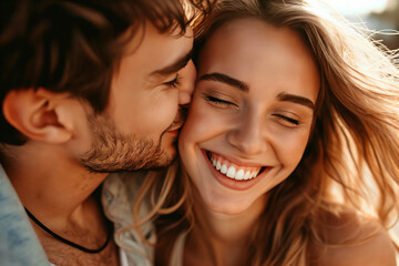 Close-up of romantic young boyfriend kissing smiling beautiful girlfriend