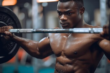 Muscular male athlete with a serious expression lifting heavy barbell during a gym workout - obrazy, fototapety, plakaty