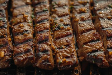 Close-up image of juicy grilled beef steaks with seasoning, showcasing the textures and deliciousness of the barbecued meat