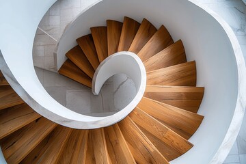 High-angle shot of a sunlit wooden spiral staircase evoking warmth and architectural interest