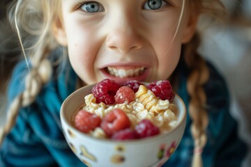 A close-up image capturing a young child's morning routine enjoying a nutritious bowl of cereal...