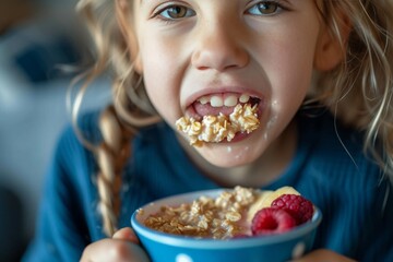 A young child is seen from a close perspective, holding a bowl of cereal garnished with a handful of berries and a slice of banana - obrazy, fototapety, plakaty