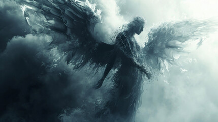 A mysterious angel with wings made of dark thunderclouds embodying the raw power and energy of the element of air.