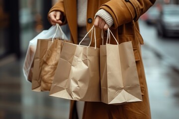 Close-up image of a person in a tan coat, holding multiple brown paper shopping bags, representing the concept of retail therapy