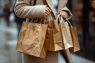 A consumer holds multiple paper shopping bags, ready to continue their shopping spree in the city - obrazy, fototapety, plakaty