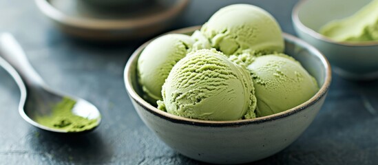 a bowl of green tea ice cream with a spoon in it . High quality - obrazy, fototapety, plakaty