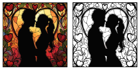 A Couple Facing Each Other with Presents Coloring Page Stained Glass Vector Art
