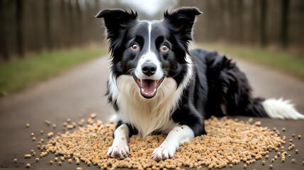 A happy border collie dog with pellets of dry food.