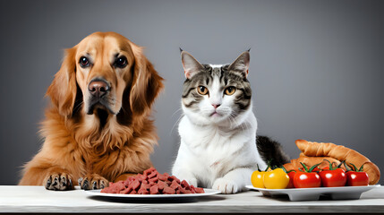 Dog and cat eating food on the table.