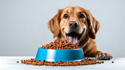Dog happiness eating pellet food in the bowl on background, isolated on background
