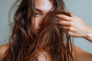 A young woman partially covers her face with her long, flowing hair in a natural setting - obrazy, fototapety, plakaty