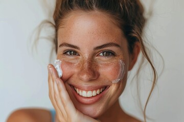 Delighted woman with freckles applying moisturizer on her face and smiling at the camera
