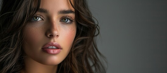 Naklejka premium a close up of a woman s face with a gray background . High quality
