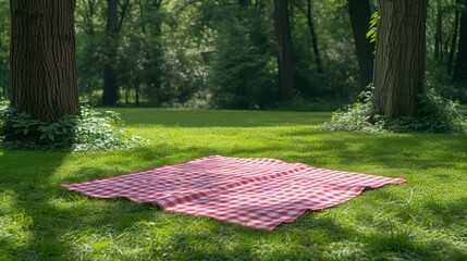 Serene picnic spot with red and white checkered blanket in a lush green park