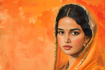 Portrait of a lady dressed in traditional Indian attire on the orange background. Copy space. Gudi Padva. Ugadi festival in India. Martahi new year concept.