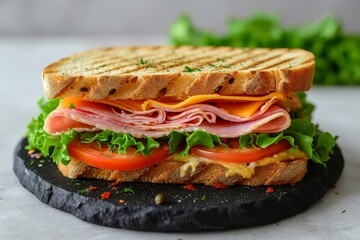 A perfectly grilled ham and cheese sandwich with fresh vegetables on crisp bread