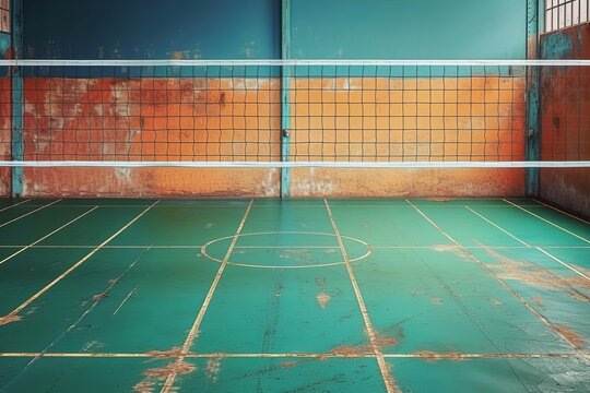 An indoor sports court with green flooring and surrounding walls ready for a game, void of people and equipment