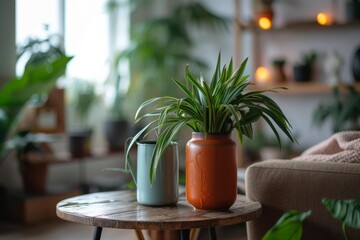 Thick leafy indoor green plant in an earthy orange pot placed on a wooden stand with soft home background lighting