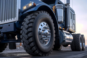 A striking close-up of a semi truck's wheel, highlighting the details and ruggedness of the vehicle