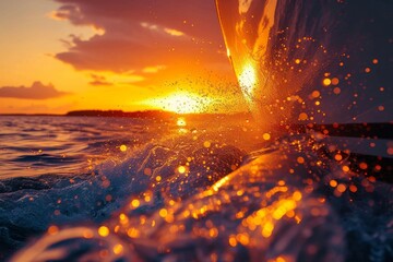 Dynamic image capturing the motion of a yacht at sunset, with vivid colors and water splashes...