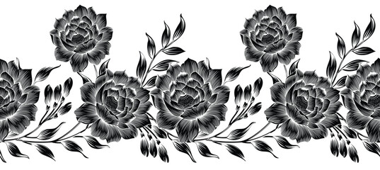Seamless vector black and white rose flower border design