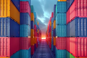 Fototapeta premium Rows of shipping containers with a captivating sunset at the end, symbolizing hope in industry