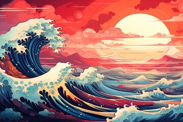 Add a touch of anime whimsy to your designs with a sea background, featuring animated waves, charming aquatic life, and a sky that transitions, Generative AI