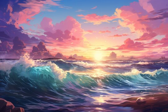 Picture a captivating anime seascape with a background that showcases animated waves, whimsical sea life, and a sky adorned with the colors, Generative AI