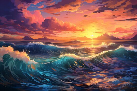 Picture a captivating anime seascape with a background that showcases animated waves, whimsical sea life, and a sky adorned with the colors, Generative AI