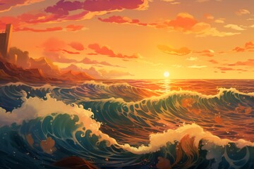 Transport your audience to an anime seascape with a background that showcases lively waves, endearing marine characters, and a sky filled with the colors, Generative AI