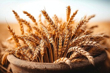Crisp and detailed image of sheaves of wheat bundled together in a rustic basket
