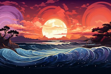 Add a touch of anime magic to your designs with a sea background, featuring animated waves, adorable marine life, and a sky that transitions, Generative AI