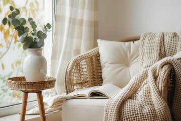 A bright and comfortable reading area with a woven chair, soft throw, and a captivating book beside the window