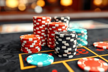 High-quality image of multiple stacks of casino chips on a felt table signifying high-stakes gambling