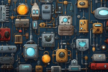 Immerse yourself in a cartoon world of outdated technology with an old tech background, showcasing amusing gadgets, retro computers, and a lively, Generative AI - obrazy, fototapety, plakaty