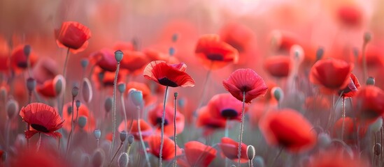 a field of red poppies growing in the sunlight High quality