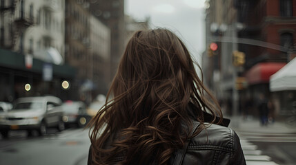 photo of a brunette girl from behind, standing on the street of New York, cloudy day, close-up photo, blur background