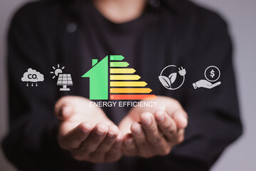 Energy efficiency concept. Person holding energy efficiency rating icon on virtual screen for...
