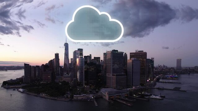 Data cloud on top of a the New York city skyline, during dusk - CGI render