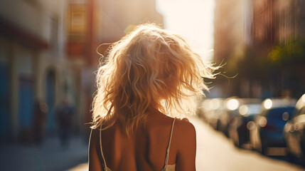 photo of a blonde girl from behind, standing on the street, sunny day, close up photo - obrazy, fototapety, plakaty