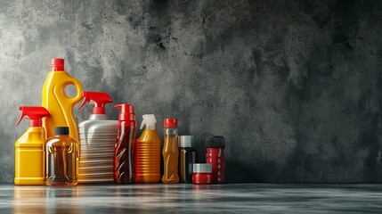 Industrial motor oil containers lined up against a rugged concrete backdrop - obrazy, fototapety, plakaty
