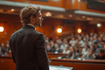 Fototapeta premium Businessman Presenting in Conference Room. Professional businessman giving a presentation to colleagues in a modern conference room setting.