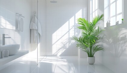 Bright and Refreshing Bathroom Decor - Pristine White Tiles, Clear Glass Shower Enclosure, and Lush Greenery Creating an Inviting Atmosphere