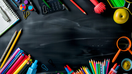 black table with many school supplies, background, chalkboard