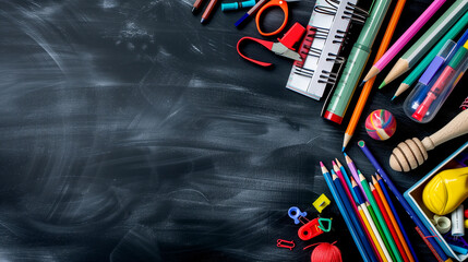 black table with many school supplies, background, chalkboard