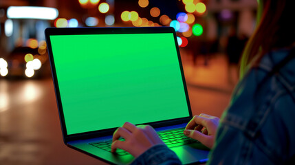 Woman using laptop computer with green screen