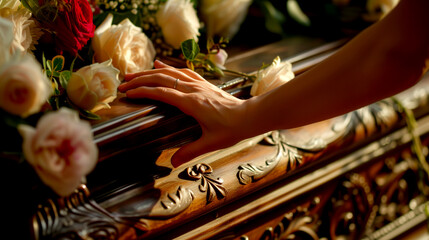 Widow laying flowers on coffin close-up