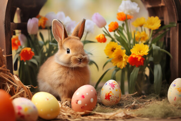 Fototapeta premium Easter Bunny Amidst Colorful Eggs and Spring Flowers